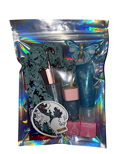 Glossy Goodnessss Lip gloss Bundle – (Three Vanilla Ice Cream Lip Glosses,(Blue Swirl Butterfly Clip, Scrunchie, Sticker and Candies)
