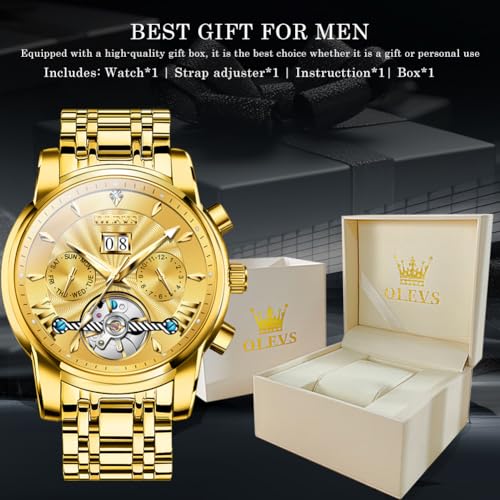 Image of OLEVS Watches for Men Automatic Skeleton 5 Hands Mechanical Luxury Watch Classic Calendar Stainless Steel Waterproof Mens Wrist Watch