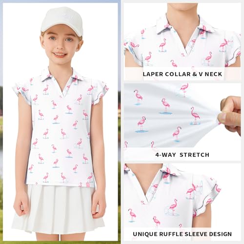 Image of Soneven Girls Ruffle Sleeve Polo Shirts V-Neck Golf Tennis T-Shirts Uniform Shirts Quick Dry for 4-14 Years