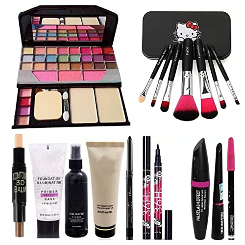 TYA 6155 Makeup Kit and 7 Black Makeup Brushes, Matte Fixer, Primer, Contour, Foundation, 3in1 Eyeliners Combo, Kajal with 36H Eyeliner – (Pack of 17)