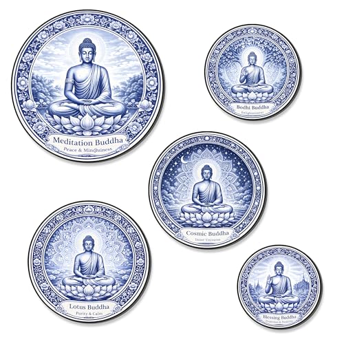 Regalo Casila Blue Buddha Art Fridge Magnets Set of 5 Wooden Refrigerator Magnets Spiritual Decorative Kitchen Magnets Souvenir Gift Set Strong Magnetic Home Decor
