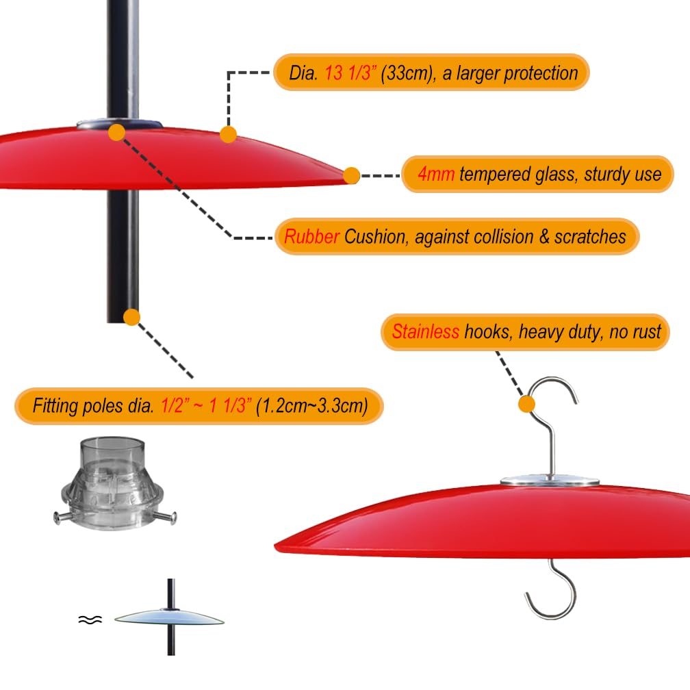 Deflector de ardilla de vidrio para comederos de pájaros, 2 unidades, color rojo de 13 pulgadas, gran cúpula protectora para colgar contra el clima, 33 cm de diámetro