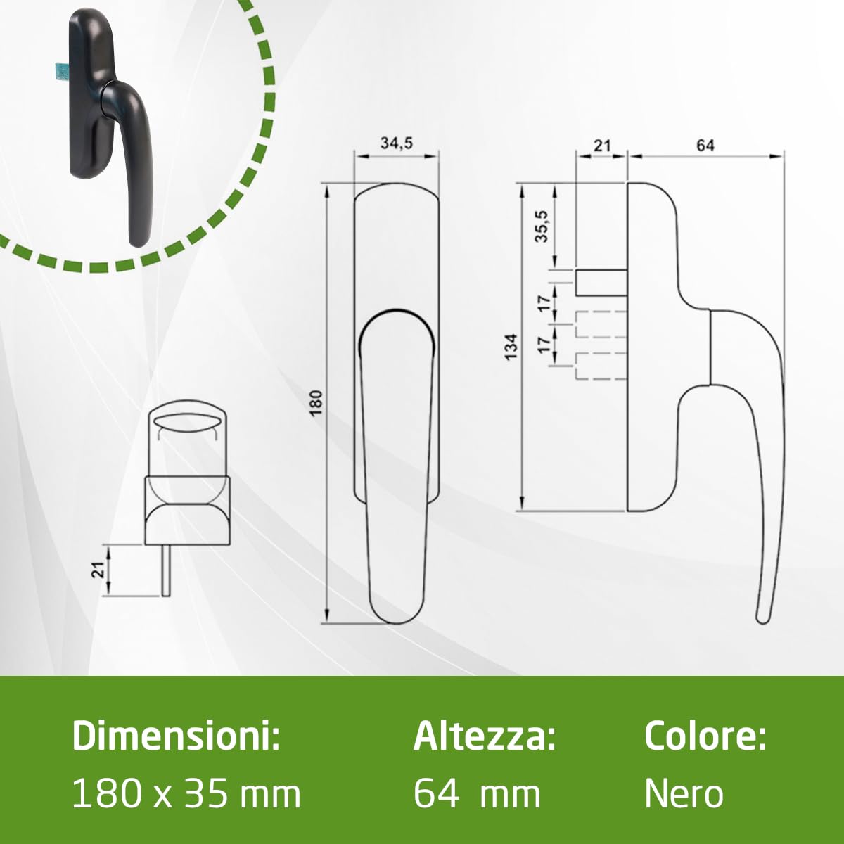 Amig - Maniglia per finestra - Serratura oscillante - Alluminio e PVC - Colore Nero - Avvitato nascosto - Dimensioni: 180 x 35 mm - Altezza: 64 mm - Senza quadrato