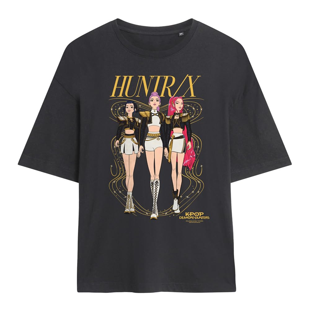 Kpop Demon Hunters Huntrix Golden Sparkles Ladies Oversized T Shirt, Charcoal, XX-Large