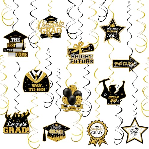 36Pieces Graduation Decorations Class of 2025 Graduation Hanging Swirl Congrats Grad NO DIY for Classroom Ceiling High School College Congrats Grad Graduation Party Decor Supplies(Gold,Black,White)