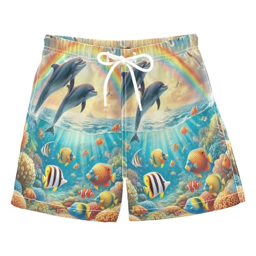 Ocean Rainbow Dolphins Boys Swim Trunks Quick Dry Toddler Swimsuit Boy Swimwear Board Shorts Bathing Suits L