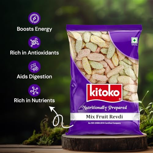 Image of Kitoko Mix Fruit Revdi | Sweet Sugar Revadi | Fresh and Crunchy Rewari | Til Sweets | Sesame Candy 200gm (Pack of 2)