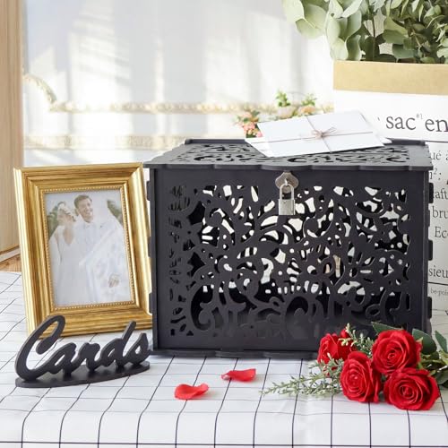Image of Wedding Card Box with Lock, Black Card Box for Wedding Reception Decorations, Wedding Box for Cards and Money, PVC Envelope Gift Card Box for Party Graduation Baby Shower Birthday Decor
