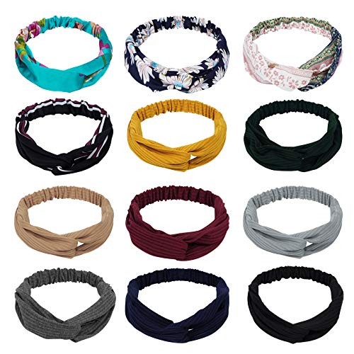 Lifecapido 12 Pack Boho Headbands for Women, Floral Vintage Headbands, Twisted Criss Cross Elastic Hair Band for Girls, Beach Headband, Knotted Boho Stretchy Hair Wraps for Yoga Hair Accessories