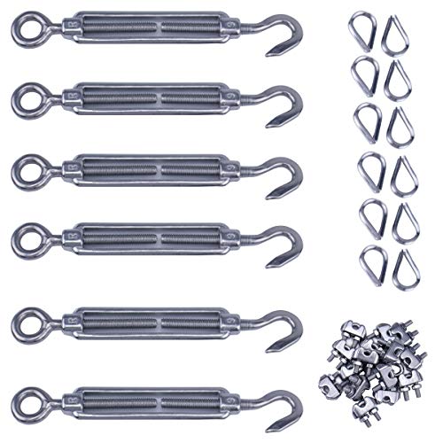 Muzata 6Set Cable Railing Kit M6 Hook & Eye Turnbuckle Wire Rope Tension M3 Wire Rope Cable Clip Clamp M3 Stainless Steel Thimble CK05