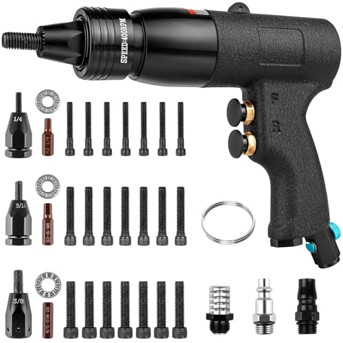 Marvelity Pneumatic Rivet Nut Gun Tool with 1/4 & 5/16 & 3/8 Self-Locking Head Industrial Grade Air Rivet Gun Tool with Embedded Muffler Vent Adjustable Speed Rivnut Gun Tool 8pcs Mandrels Each Size