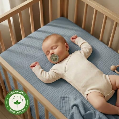 Image of Crib Sheets - Organic Cotton Muslin Fitted Crib Sheet - Standard Size for Baby Boy and Baby Girl 28 inch x 52 inch Ultra-Soft and Breathable. (Tradewinds)