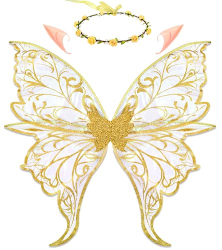 iRolefun Large Fairy Wings Costume for Adult Women with Elf Ears Floral Crown Angel Fairy Festival Dress Up Party Halloween (Gold)