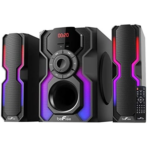 beFree Sound 2.1 Channel Bluetooth Multimedia Wired Speaker Shelf Stereo System with Reactive LED Lights, FM Radio, USB, and SD Inputs Cover