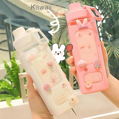 Image of Morecare Water Bottle With Straw & Sticker,Kawaii Bear Water Bottle,Large Sport Plastic Portable Square Drinking Bottle For Girl,Cute Juice Tea Water Cups 900ml White (pack of-1)