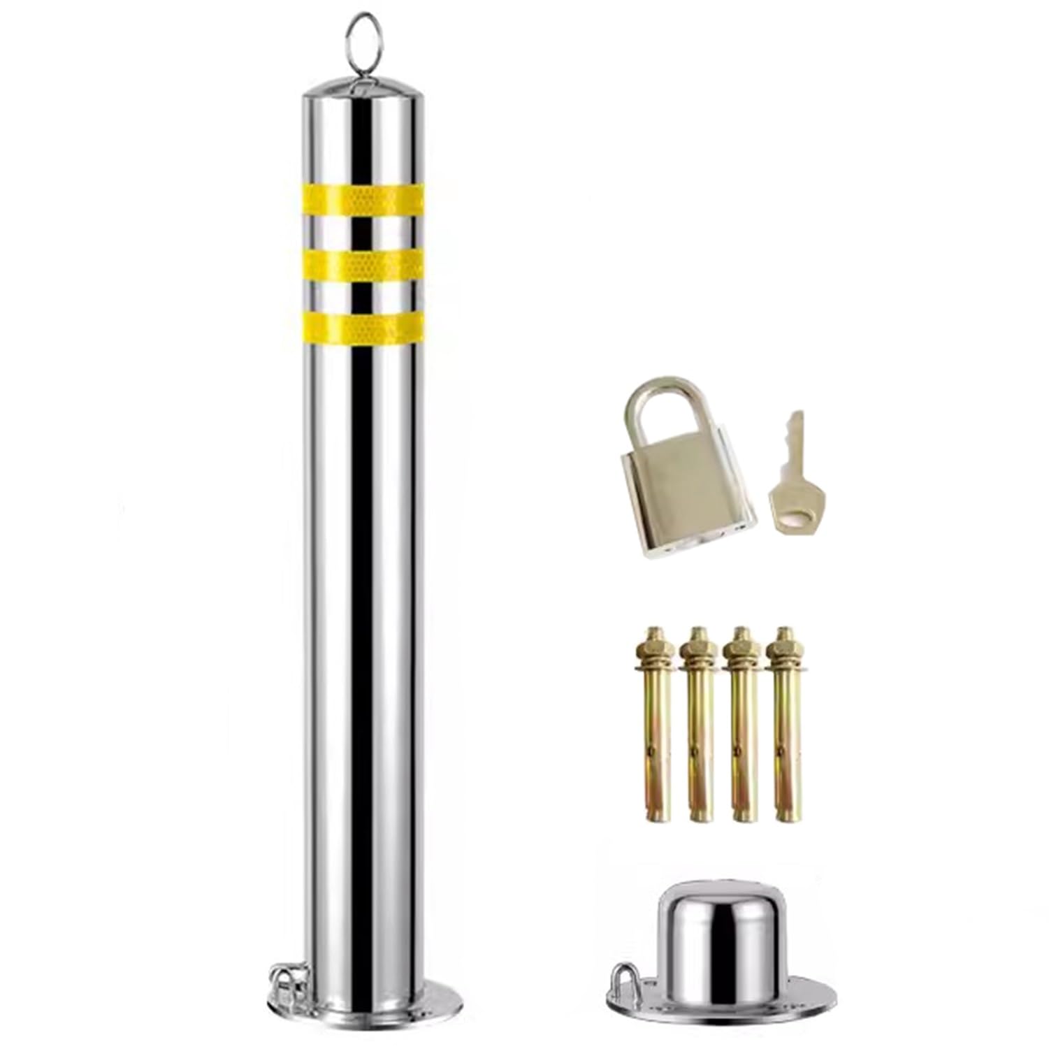 CWCQGH Security Barrier, Car Parking Bollard with Padlock Stainless Steel Silver and Yellow 76x mm (Silver 76x800MM)