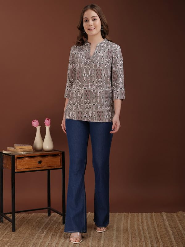 Image of Women's Cotton Printed Kurta Top | 3 /4 Sleeve Straight Kurti Casual Outings