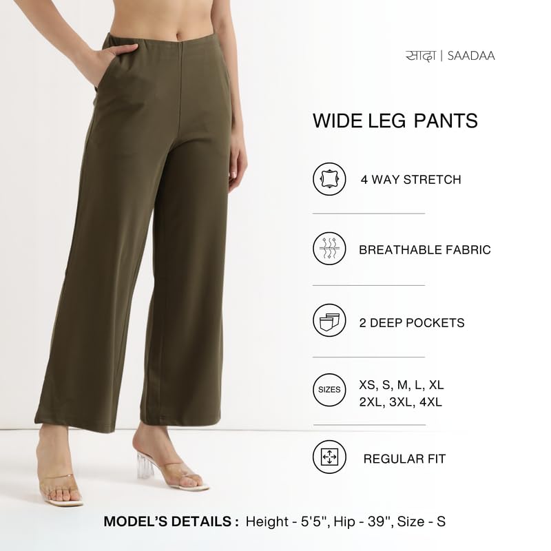 Image of SAADAA Palazzo Pants for Women Half-Elasticated Waistband | Palazzo for Women in Airy Linen Fabric | Regular Fit Mid Rise Waist & Deep Pockets | Versatile Formal & Casual Wear |