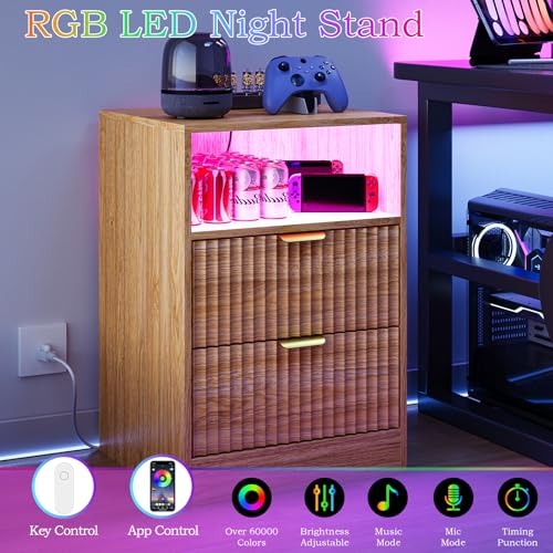 Image of Night Stand Set 2, LED Nightstand with Charging Station, Fluted Nightstands Set of 2 with 2 Drawers, Wood Side Table End & Bedside Tables for Bedroom Sofa Office, Natural Oak