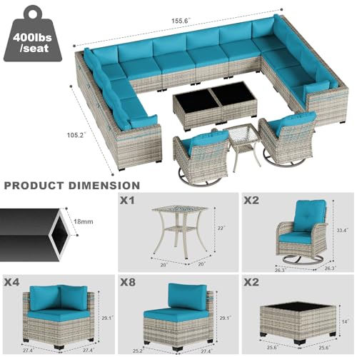 Image of Outdoor PE Wicker Rattan Modular Patio Sectional Sofa Set | 17-Piece: 12 Modular Seats, 2 Coffee Tables, 2 Swivel Rocking Chairs & Side Table, Lake Blue