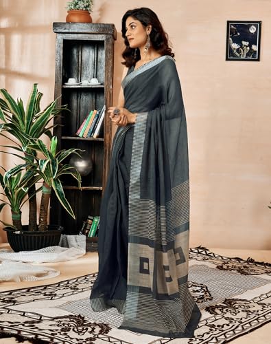 Image of SIRIL Women's Cotton Linen Printed Ready To Wear With Pocket Saree with Unstitched Blouse Piece