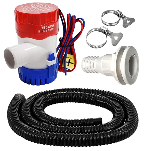 3/4 Inch Outlet Dia Bilge Pump Kit, 6.5 ft Hose, 12v 750 GPH Water Pump, Premium Quality Kinkfree Flexible PVC Hose, Package Include Thru Hull Fitting and 2 Stainless Steel Clamps