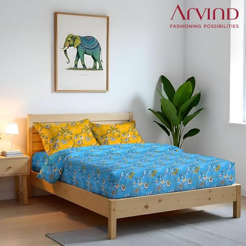 Image of Arvind Bedsheet Set - 100% Cotton Bedsheet for Double Bed (1 King Size Bedsheet with 2 Pillow Covers) Soft Breathable, 144 Thread Count - Slumber -Shade 1 (21031-A) | Natural