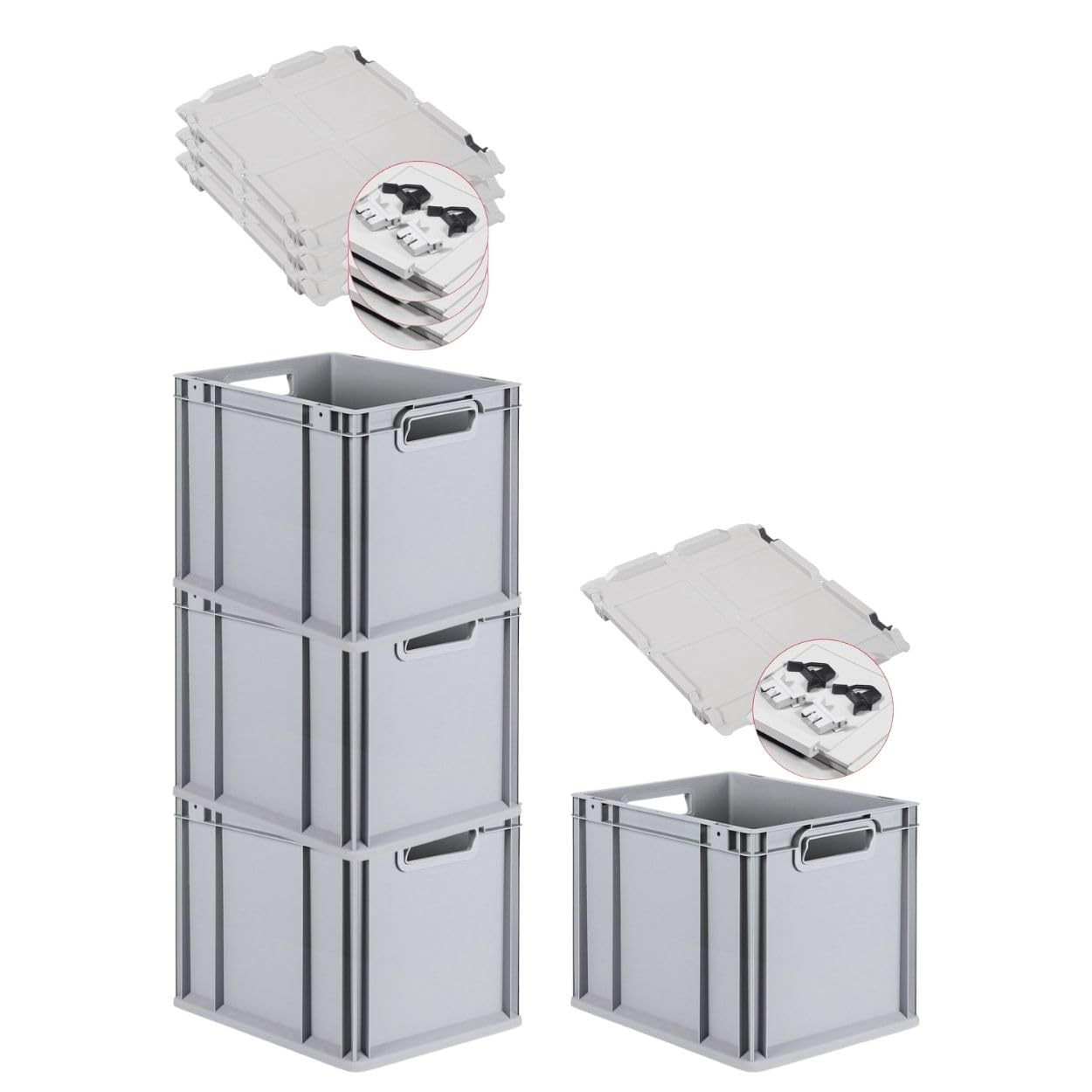 PROREGAL SET SUPER ÉCONOMIQUE 4x Bac Euro NextGen Economy avec couvercle à charnières et fermetures à glissière noires | Poignées ouvertes | HxLxP 32x30x40cm | 30 litres | Eurobox, empilables