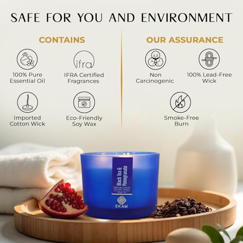 Image of EKAM 3 Wick Soy Wax Scented Candle | Black Tea & Pomegranate Fragrance | 35 Hr Burn | Long Lasting Premium Jar Candle for Home Decor, Relaxation & Gifting