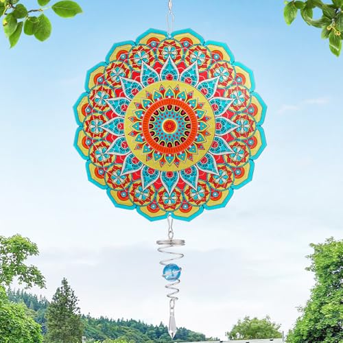 Mandala Wind Spinner - 3D Stainless Steel Garden Spinner with Blue Ball Spiral Tail, Kinetic Hanging Wind Catcher Sculptures for Indoor Outdoor Yard Art Window Decor