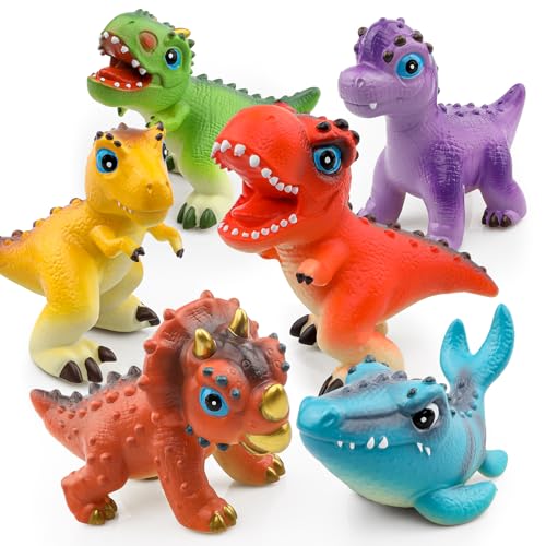 LEWAN 6-in-1 Dinosaur Toys for Kids Ages 3+ – 5.5” Squishy Dino Figures Gift Set – Sensory Toys for Boys & Girls – Dinosaur Adventure Crew