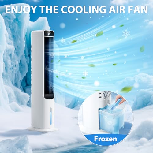 Image of Portable Evaporative Air Cooler, 2 in 1 Swamp Cooling Tower Fan with Remote, 4 Ice Packs, 50 Oscillation, 12H Timer, 3 Speeds 3 Modes, Fans That Blow Cold Air for Home Bedroom Office, White