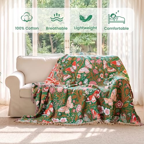 Image of MSGKV Boho Throw Blanket 50 inchx60 inch Fall Cotton Butterfly Floral Blanket