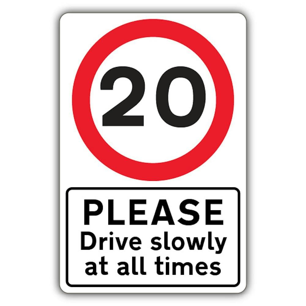 V Safety Photoluminescent Please Drive Slowly At All Times - Speed Limit 20 MPH Safety Sign - 200 x 300 mm - 3mm Aluminium Composite - Double Glow