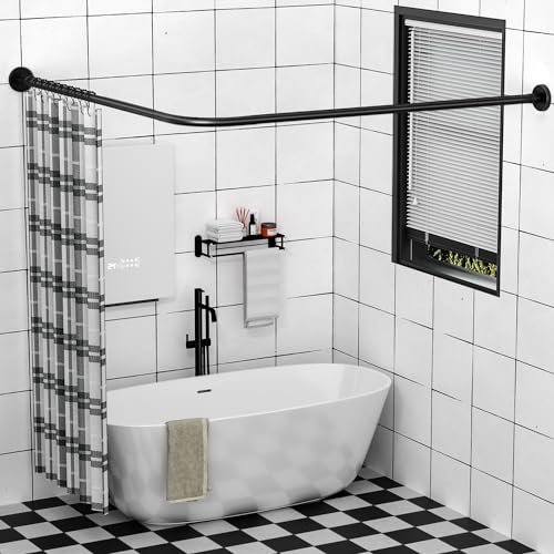 Image of Stretchable 304 Stainless L Shaped Bathroom Bathtub Corner Shower Curtain Rod Rack (Black 90-120x90-120cm)