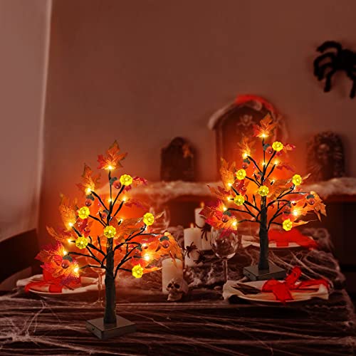 Turnmeon 2 Pack 18 Inch Prelit Fall Maple Tree With 48 Leds Timer Battery Operated Lighted Pumpkins 6 Acorns Tabletop Artificial Autumn Fall Tree For Thanksgiving Fall Harvest Home Indoor #TOP5
