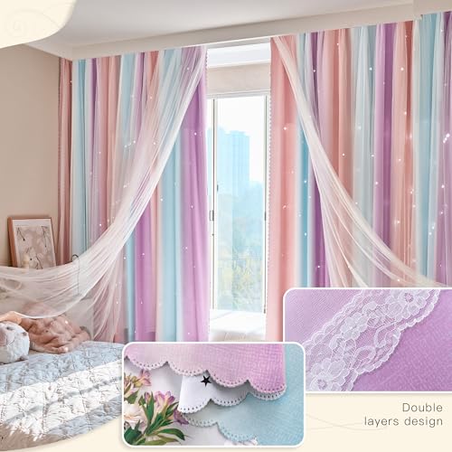 Best Baisite Curtains for Girls Bedroom 2 Panels Kids Blackout Curtains Nursery Princess Room Decor Star Rainbow Curtain for Daughter Window Grommet Rideaux Unicorn Wall Decal(PinkBluePurple,34"x63") by Best Baisite - Image 6