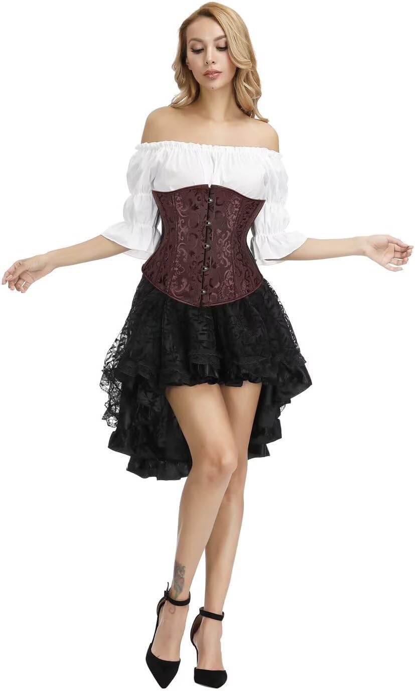 Underbust Corset Dress Skirt Tutu Blouse 3 Piece Women Bustiers Gothic Lace Corsets Halloween