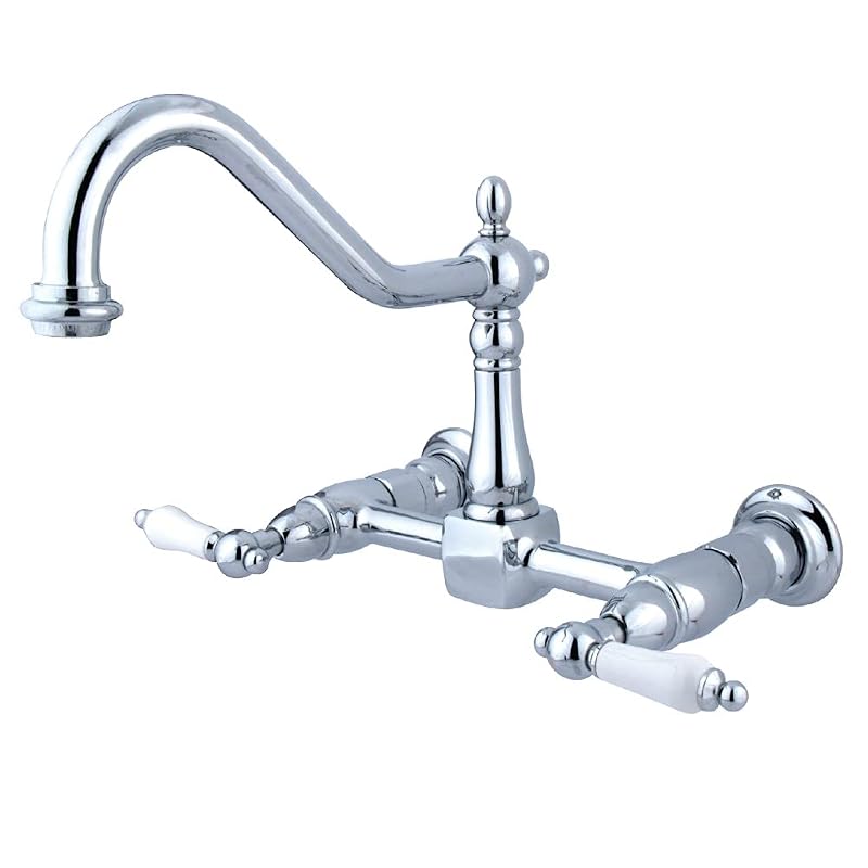 KINGSTON BRASS KS1241PL Heritage Wall Mount 8" Center Kitchen Faucet with Porcelain Lever Handle, 8-1/2", Polished Chrome