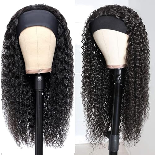 Image of Deep Wave Headband Wig Human Hair Curly Headband Half Wigs Machine Made Glueless None Lace Front Wig Brazilian Virgin Human Hair for Black Women Natural Color 150% Density 24Inch