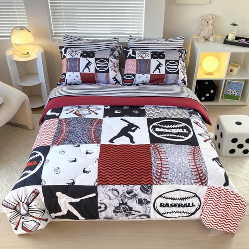 Gusuhome 7 Piece Baseball Comforter Set Bed in A Bag Twin Size 3D Softball Sports Bedding Set for Boys Kids Microfiber Comforter All Season (1 Comforter 1 Flat Sheet 1 Fitted Sheet 4 Pillowcase)