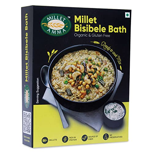 Image of Millet Amma Certified Organic Millet Bisibele Bath Mix | 250 GMS Pack | Easy & Ready to Cook Mix | Healthy and Nutritious Millet Breakfast Mix | Gluten Free | Directions Published on the Back Side |