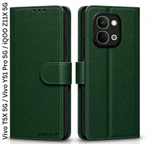 Image of Cover for Vivo T5x 5G / Y51 Pro 5G / iQOO Z11x 5G, Wallet Style, Leather Finish, Magnetic Closure, Inbuilt Stand, Card Pocket (Green)