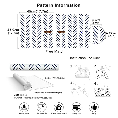 Haokhome 96101-1 Modern Brush Strokes Stripes Peel And Stick Wallpaper Removable Navy/White Chevron Vinyl Self Adhesive Mural 17.7In X 32.8Ft #TOP6