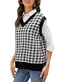 HOCOSIT Women's Houndstooth Knitted Vest Sweater V Neck Pullover Vintage Sleeveless Crop Knitwear Black