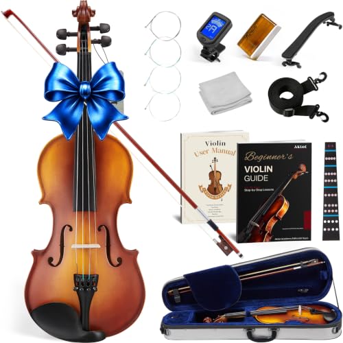 Image of AKLOT Handcrafted Full Size Violin: Solid Wood Matte Fiddle, Acoustic Beginner 4 /4 Violin Kit with Hard Case, Lesson Book, Bow, Shoulder Rest, Extra Strings, Tuner, Fretboard Stickers (VRT-AmiCS)