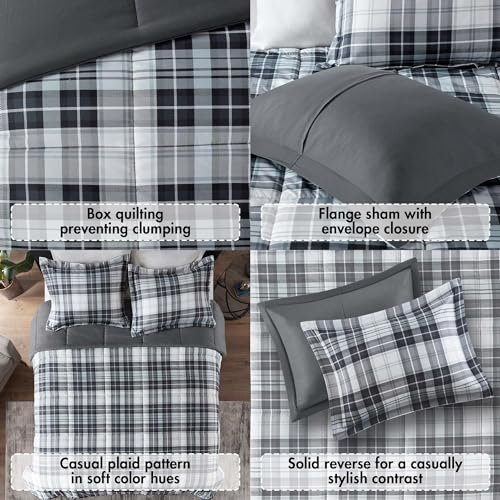 Image of Madison Park Essentials Parkston Plaid Comforter, Matching Sham, 3M Scotchguard Stain Release Cover, Hypoallergenic All Season Bedding-Set, King /California King, Black, 3 Piece