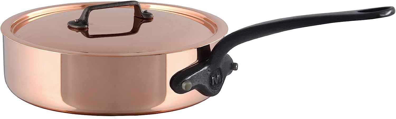 MauvielM'Heritage M150CI 1.5mm Polished Copper & Stainless Steel Saute Pan With Lid, And Cast Iron Handles, 1.8-qt, Made in France