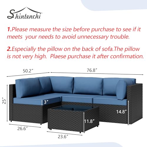 Shintenchi 5 Pieces Outdoor Patio Sectional Sofa Couch, PE Wicker Furniture Sets, Patio Conversation Sets with Washable Cushions Glass Coffee Table for Garden, Poolside, Backyard, Aegean Blue - Image 3