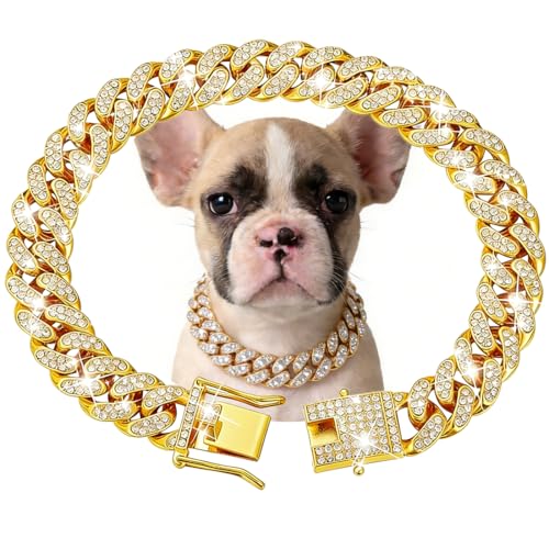 Gold Dog Chain Collars Diamond Cuban Link Dog Collar Walking Metal Dog Necklace with Secure Buckle Puppy Cat Chain Collar Pet Crystal Jewelry Accessories for Small Medium Large Dogs Cats 9 Inch